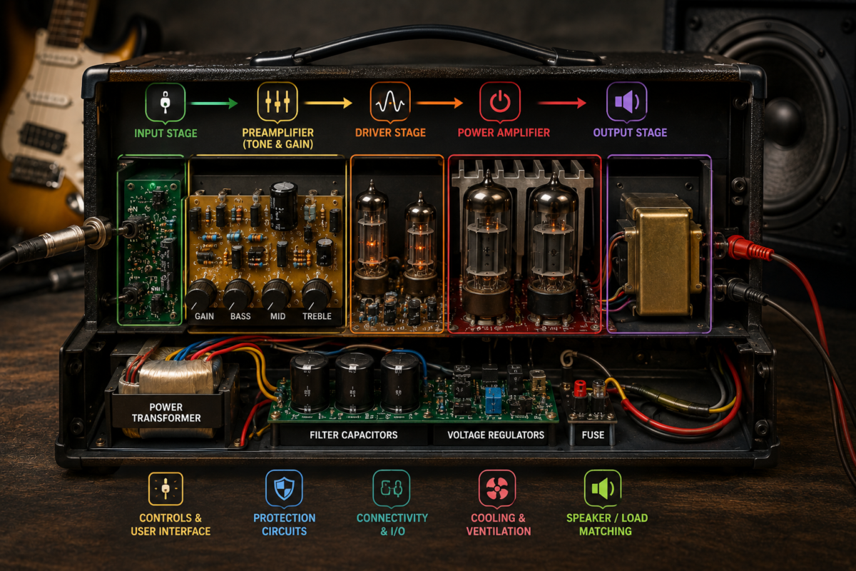 Audio amplifier cutaway diagram with labels